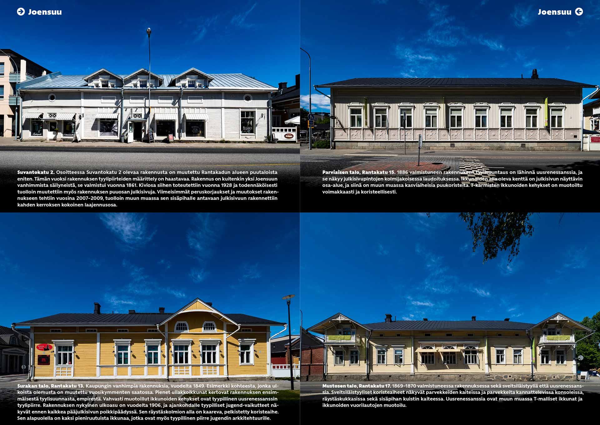 Architecture Guide spread presenting four wooden buildings in Joensuu