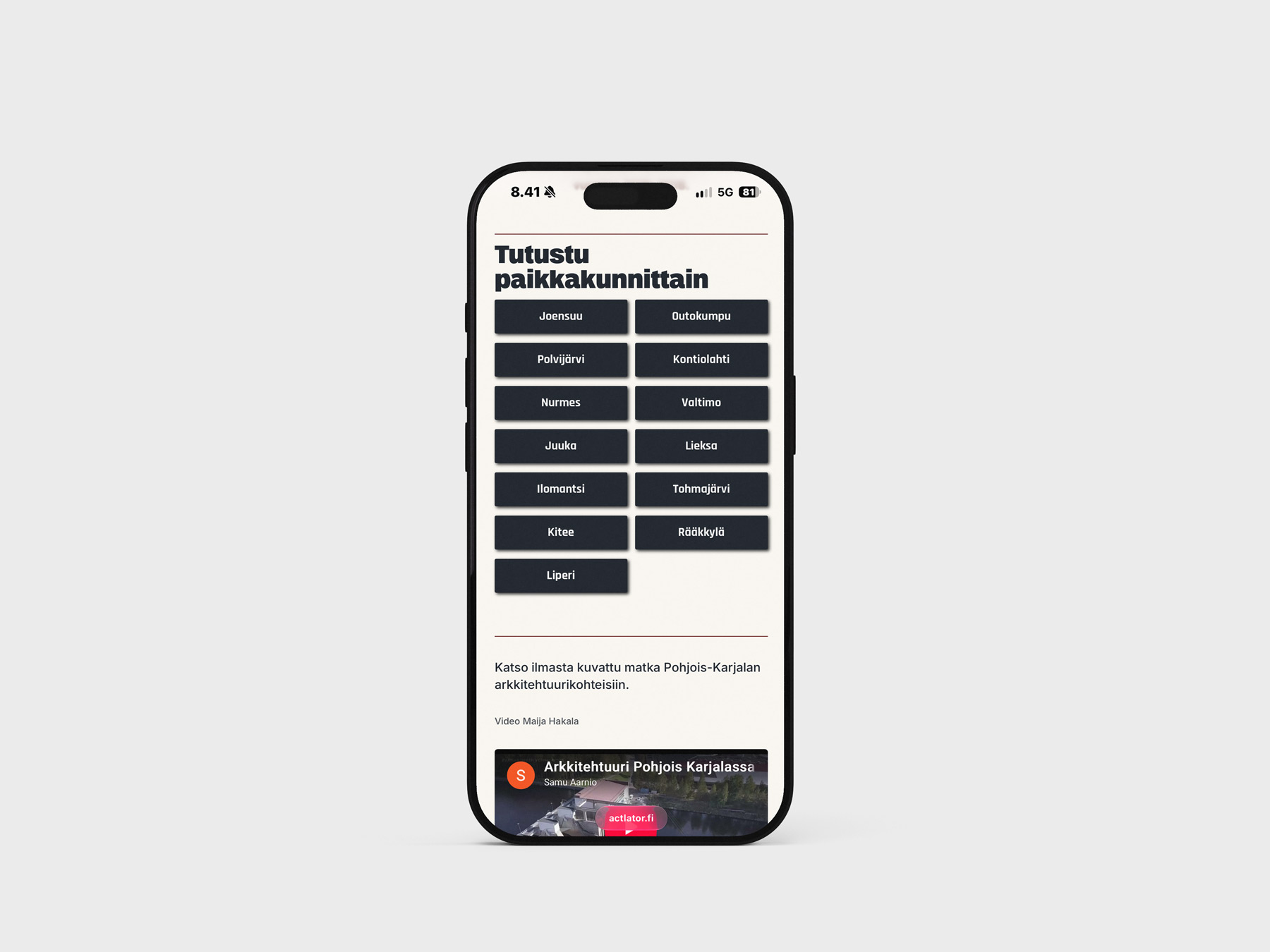 Municipality navigation in the digital North Karelia Architecture Guide on iPhone