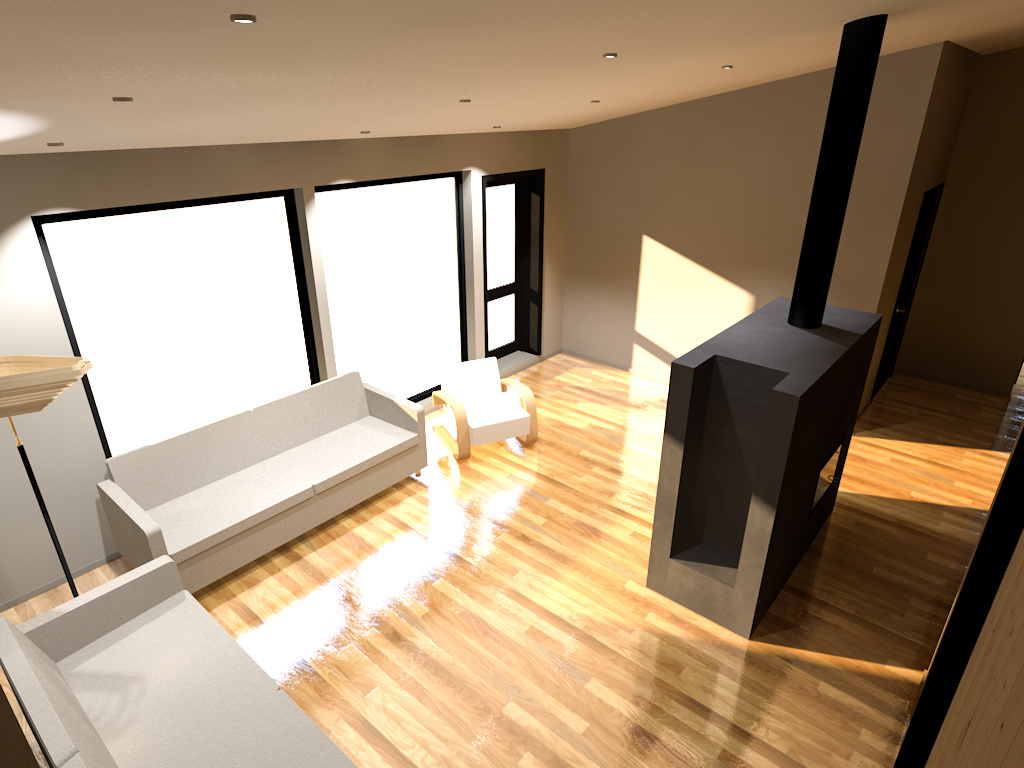 Design visualisation of the living room and central fireplace